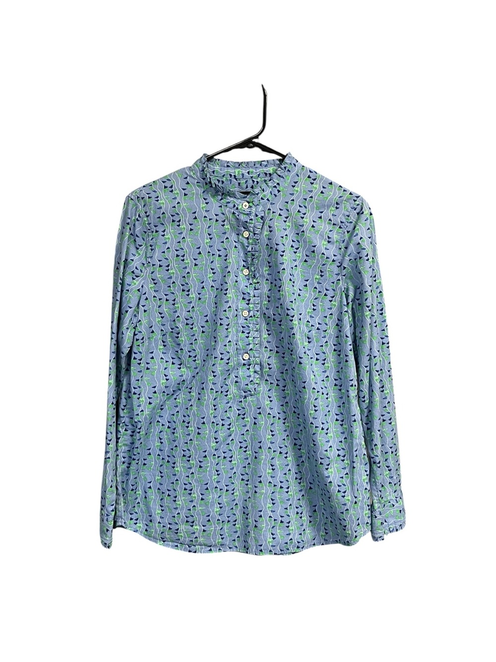 Talbots 100% Cotton Blue Green Abstract Wave Print Popover Ruffle Trim Blouse M